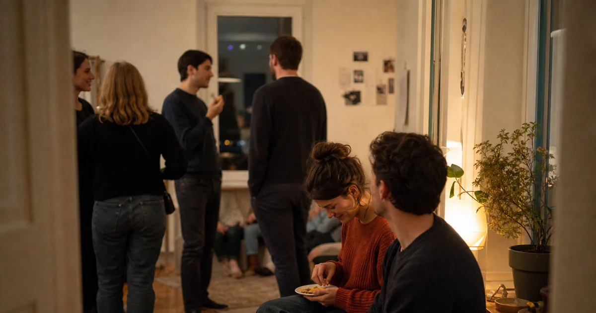 People at a small apartment gathering during a quiet but recoverable pause