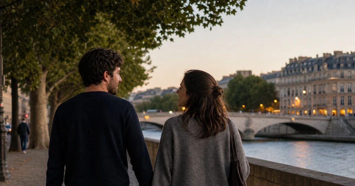 Two people holding hands while walking along a city riverside on a date
