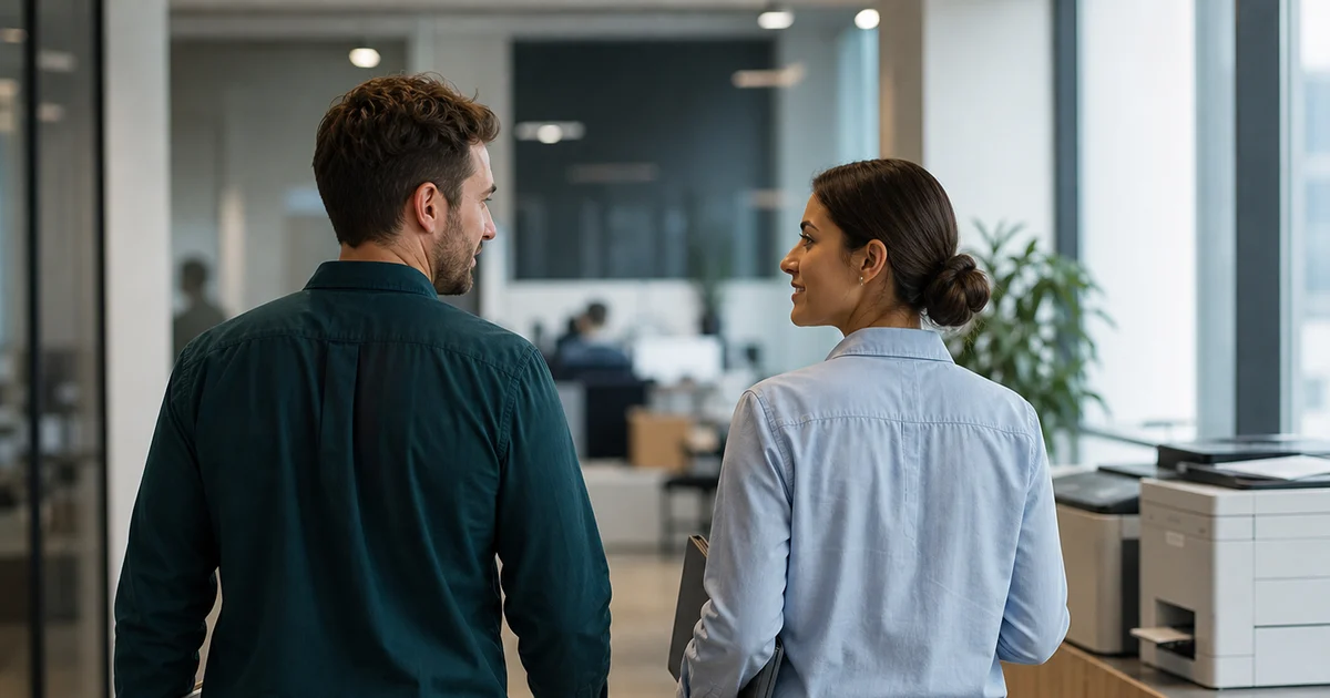 Two coworkers walking through an office corridor in a relaxed conversation