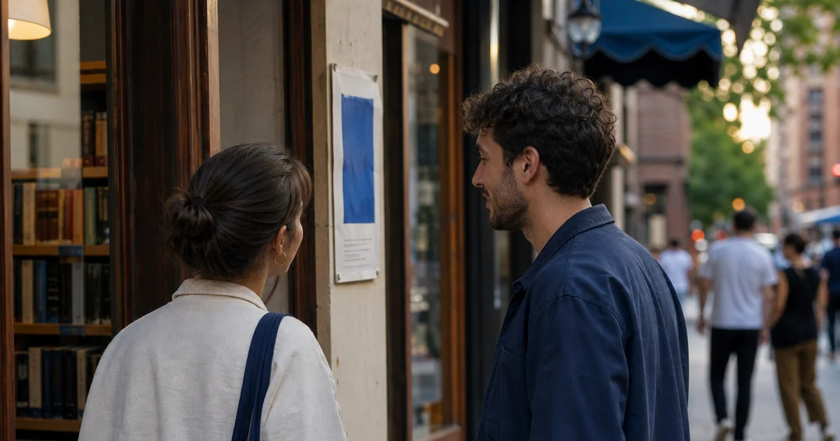 Two people beginning a casual conversation outside a neighborhood bookstore