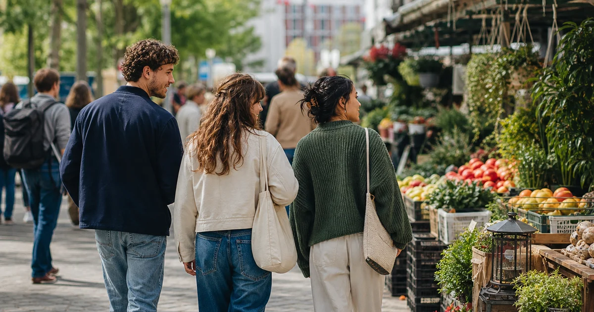 Three friends walking through a street market while noticing something to talk about