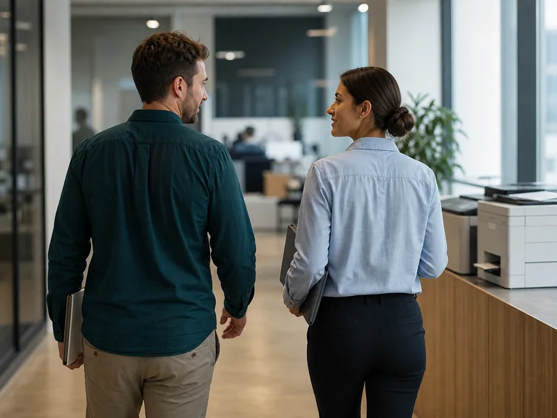 Two coworkers walking through an office corridor in a relaxed conversation