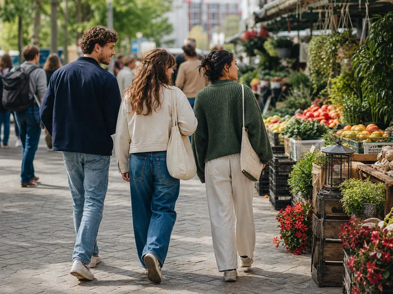Three friends walking through a street market while noticing something to talk about